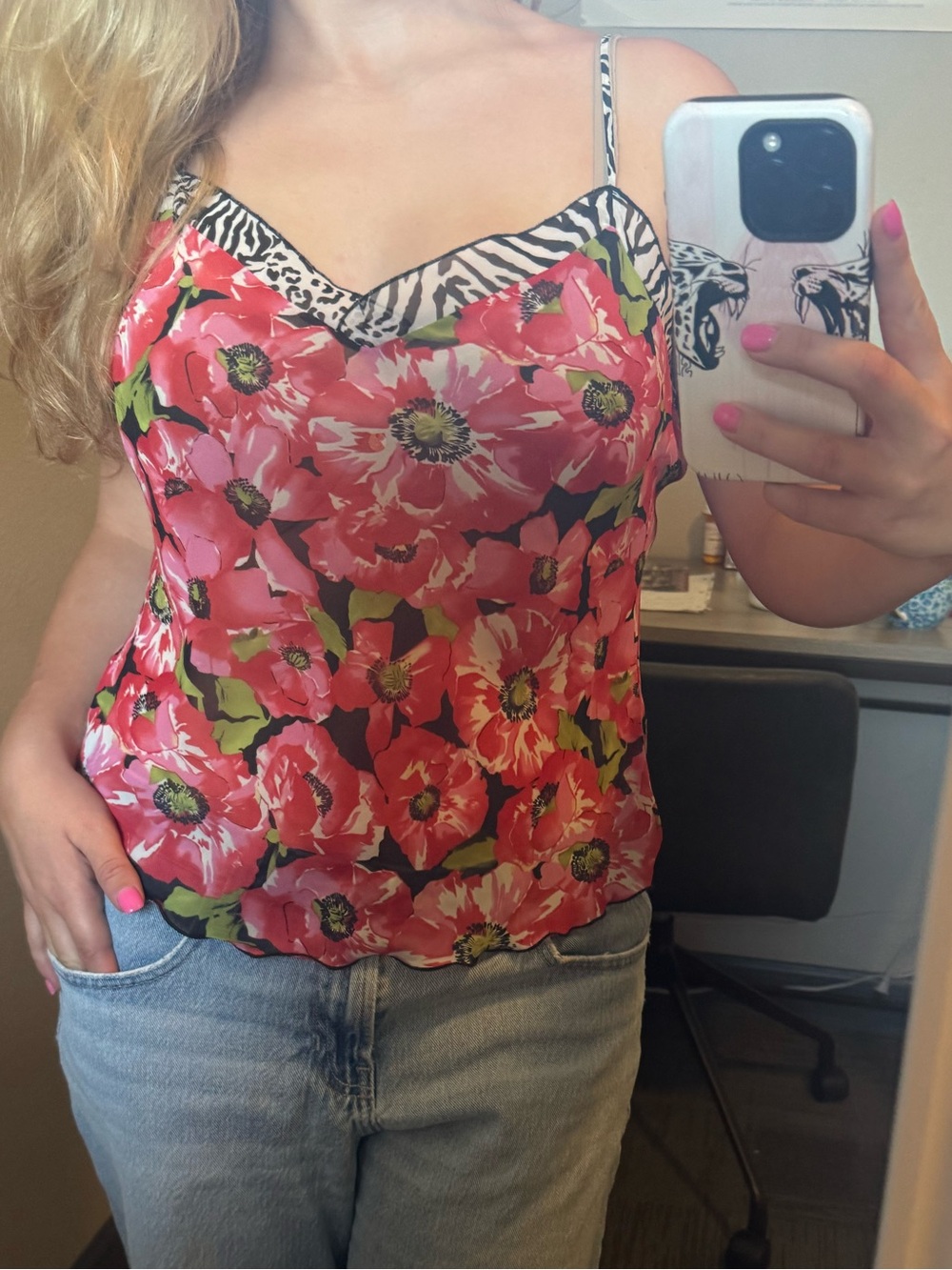 American Vintage Red Floral Camisole with Black and White Trim